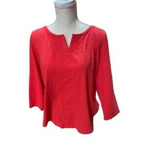 Talbots Coral 100% Cotton Tunic Top Women's Large 3/4 Sleeve Split Neck
